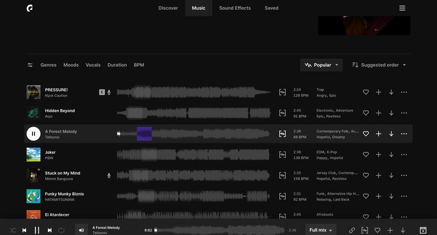 Epidemic Sound
			 dropdown filters menu alternatives progress bar pagination media player ui page example