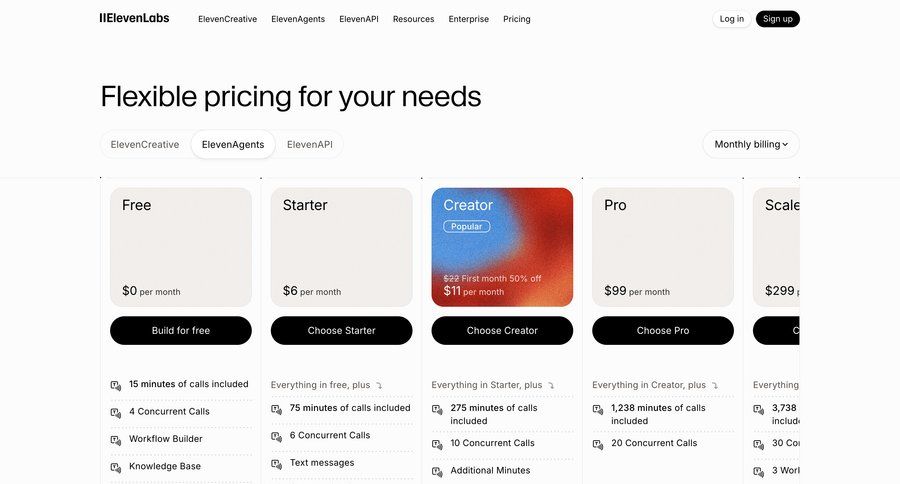 Elevenlabs
			 enterprise plan saas pricing usage-based pricing pricing calculator ui page example