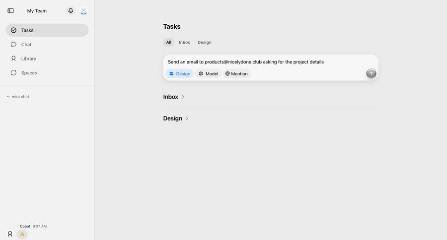 Cobot
			 task management team collaboration sidebar navigation project management tagging sidebar messages ui page example