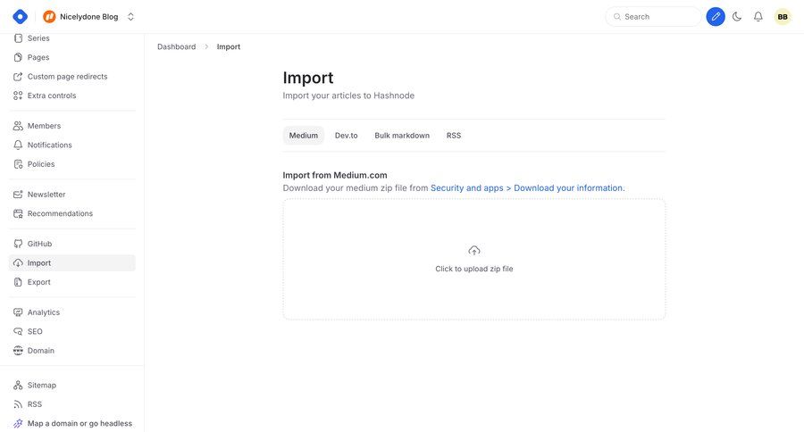 Hashnode
			 data management content management settings sidebar navigation import data file upload blog management dashboard notification bulk import bulk upload wizard sidebar data import import file import tool import wizard file uploader upload file importing data avatar upload version control ui page example