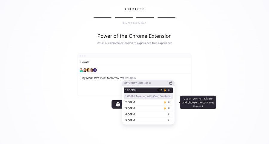 Undock
			 modal screen scheduling meetings chrome extension desktop download mobile time management ui page example