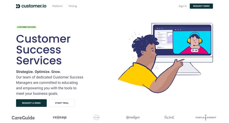 Customer.io
			 call to action customer success testimonials b2b saas trial checkout ui page example