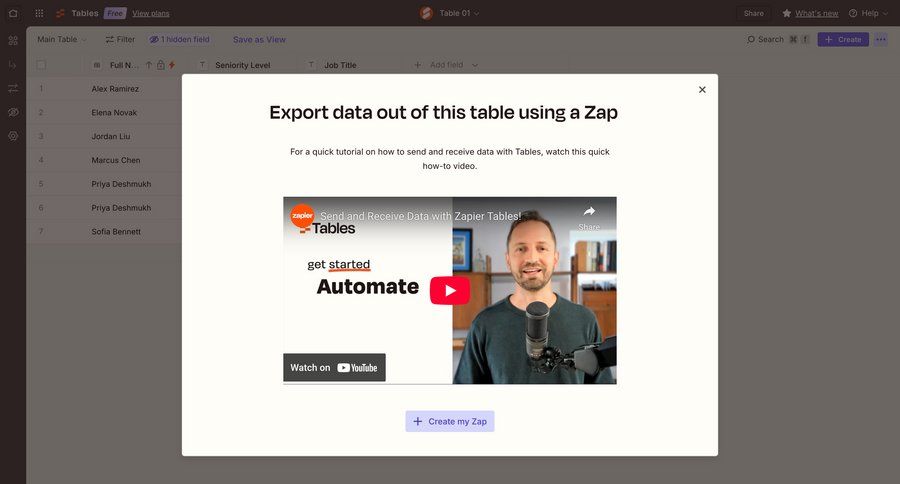 Zapier
			modal & popover table export data management automation data export tutorial ui page example