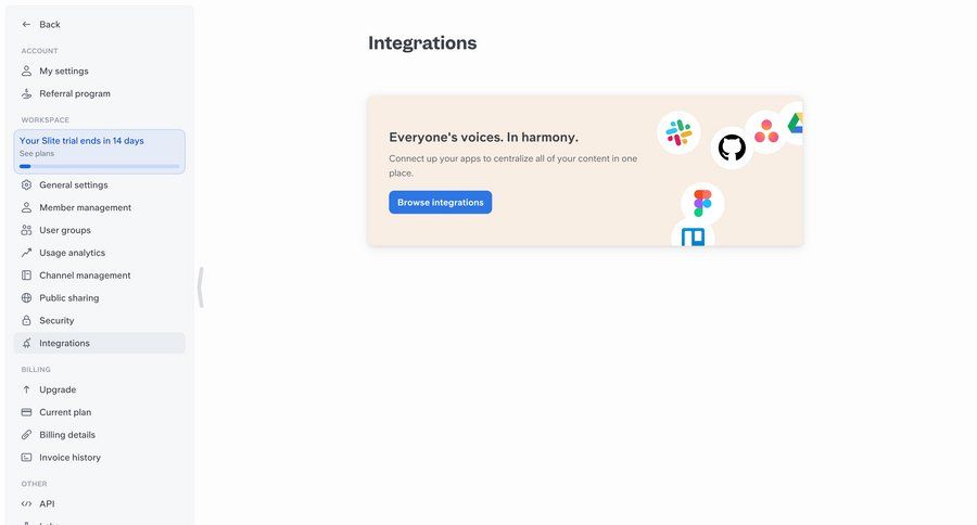 Slite
			 settings sidebar navigation integration management ui page example