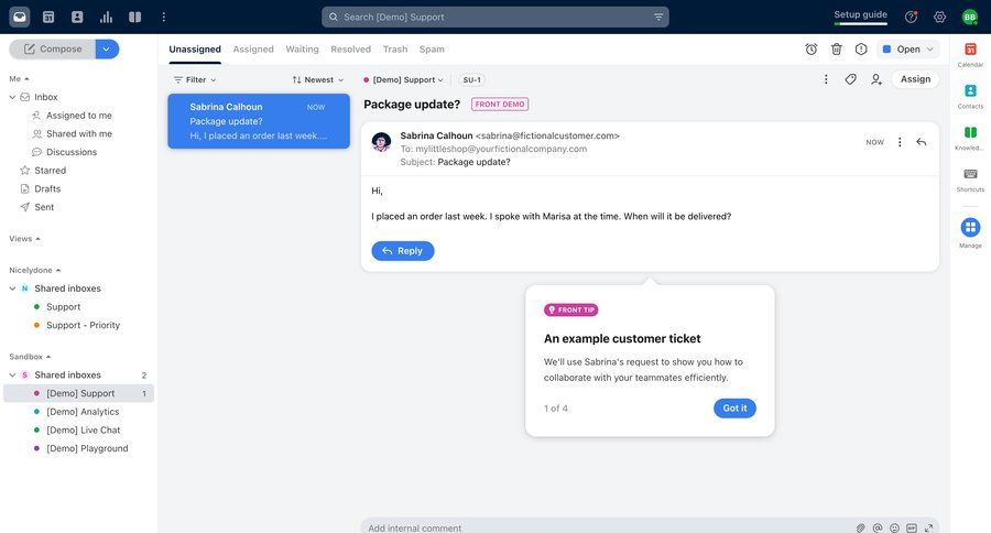 Front
			 sidebar navigation email management customer communication email content hierarchy inbox task communication tutorial communication chat guided tour conversational ui page example