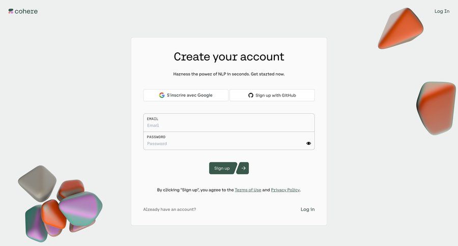 Cohere
			 artificial intelligence form user authentication account creation authentication natural language processing signup create new account register ui page example