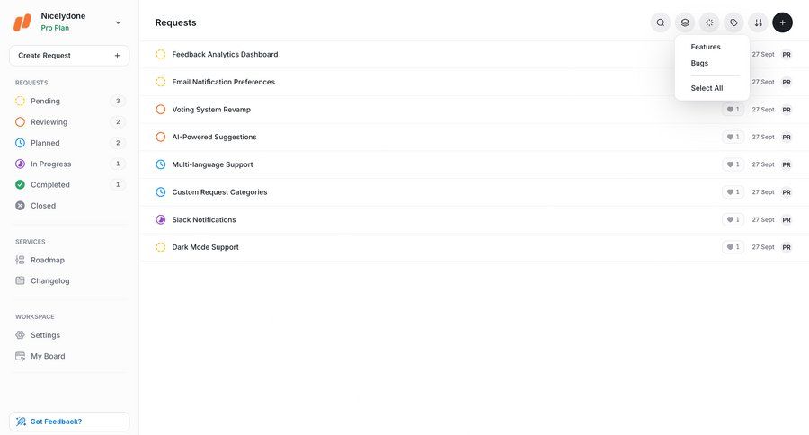 UserJot
			 dashboard sidebar navigation project management dropdown filters menu ui page example