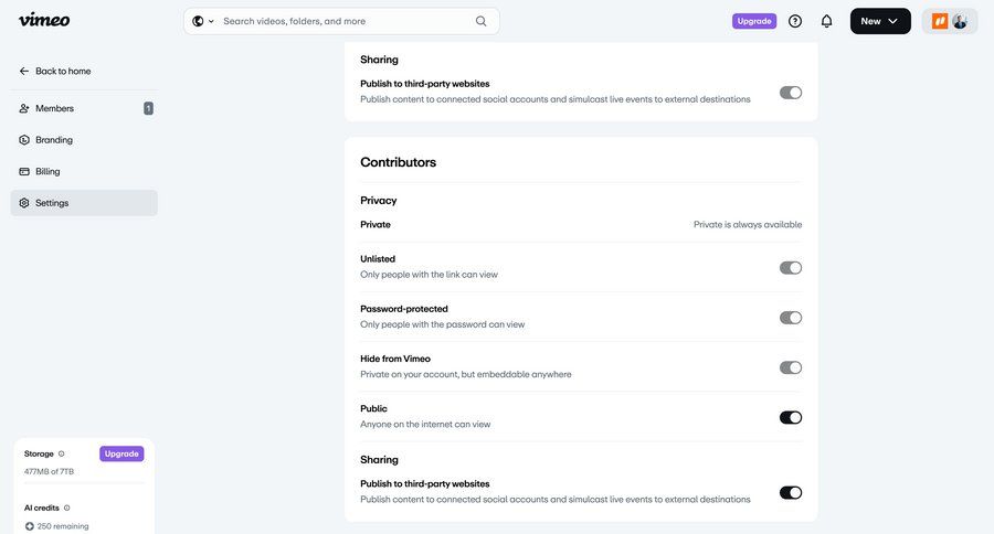 Vimeo
			 content management settings sidebar navigation grid account setup account settings privacy settings navigating settings sidebar sharing configuration screen ui page example