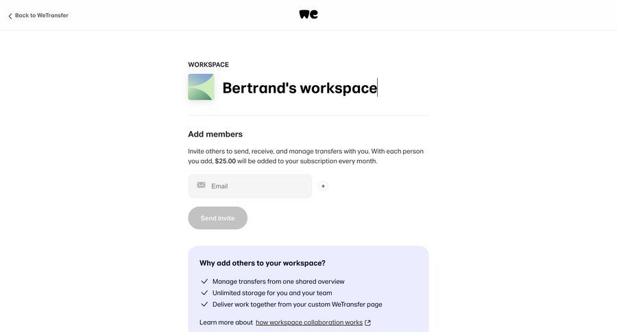 WeTransfer
			 collaboration settings team collaboration account management onboarding form account setup workspace settings workspace management send invitation ui page example