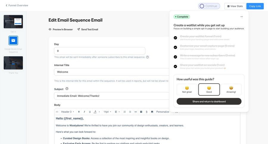 Kajabi
			 sidebar navigation onboarding form editor design onboarding modal email sidebar setup on boarding rich text ui page example