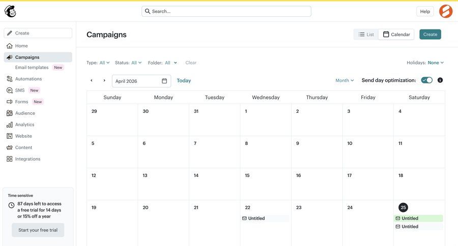 Mailchimp
			home list calendars collection actions email marketing trial banner ui page example