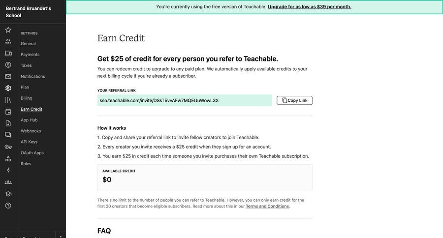 Teachable
			 settings sidebar navigation account management account settings credits sidebar affiliate program ui page example