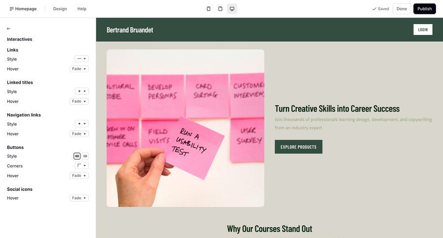 Podia
			 editor design style customization career ui page example