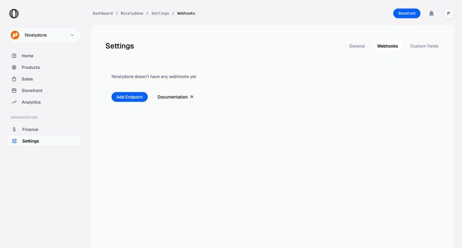 Polar
			 configuration settings e-commerce sidebar setup menu organization settings webhook management ui page example