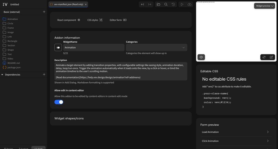 Vev
			 configuration grid form code editing edit mode markdown editor ui page example