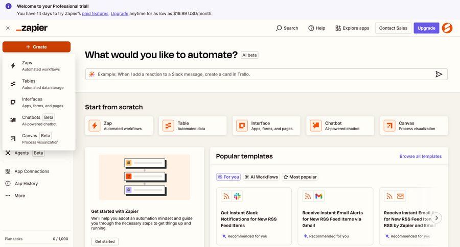 Zapier
			 dashboard sidebar navigation workflow onboarding automation templates workflow automation workflow creation template selection tutorial sidebar menu integration documentation ui page example