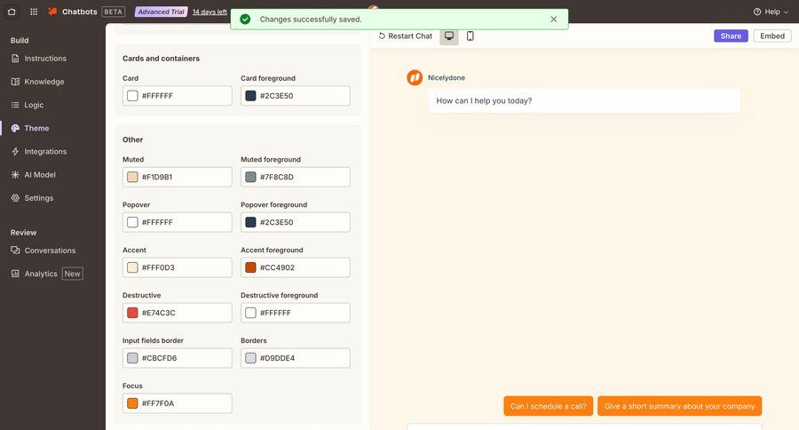 Zapier
			 configuration settings sidebar navigation grid real-time preview color selection save changes cancel changes ui page example