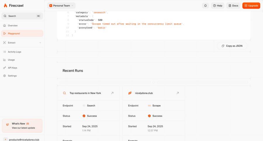 Firecrawl
			 dashboard sidebar navigation monitoring code snippet ui page example