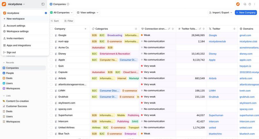 Attio
			 data management sidebar navigation data display table data grid ui page example