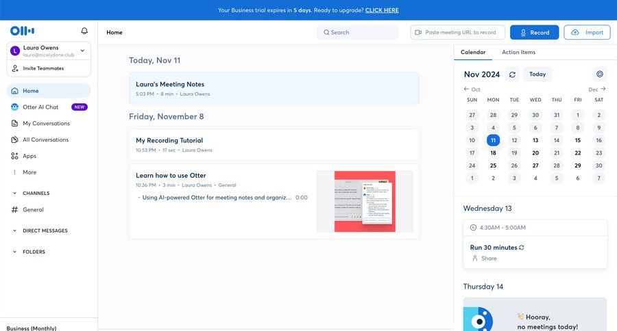 Otter
			 team collaboration dashboard sidebar navigation artificial intelligence onboarding calendar management scheduling meetings call recording sidebar personal space menu tips timeline ui modern voice meeting ui page example