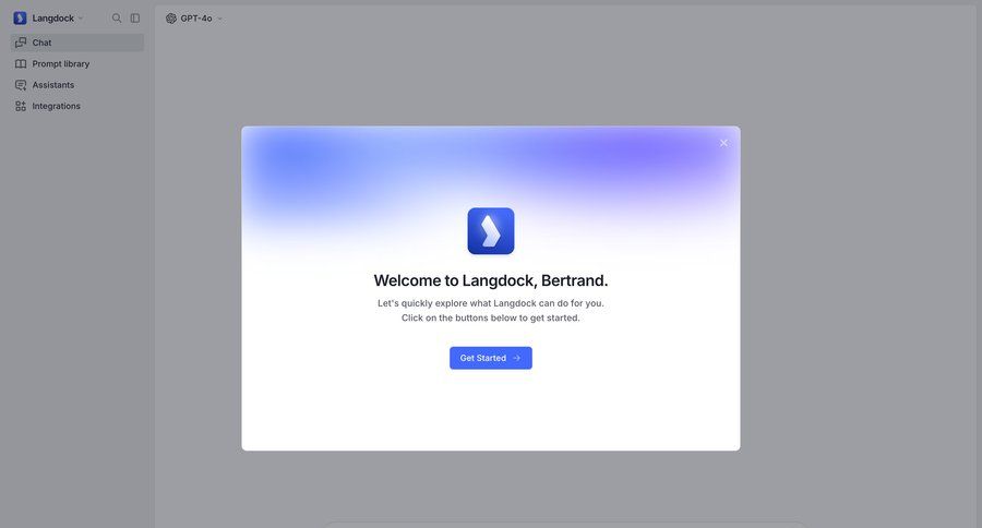 Langdock
			 modal screen dashboard artificial intelligence onboarding account setup tutorial call to action sidebar setup chat on boarding guided tour chatbot ui page example