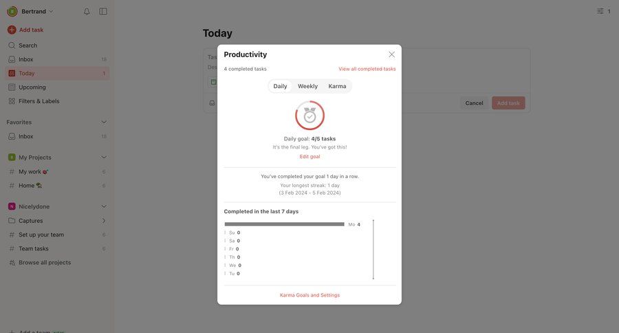 Todoist
			dashboard & stats modal & popover charts & graphs task management modal screen analytics dashboard progress tracking dashboard warning call intelligence data visualization performance metrics monitoring business intelligence kpi dashboard progress bar task management dashboard ui page example