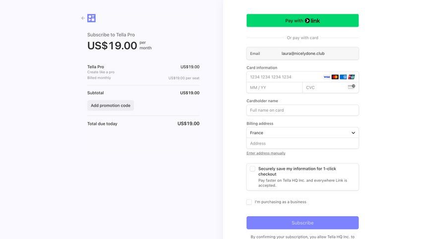 Tella
			 form subscription management pay checkout screen pay bill payment processing ui page example