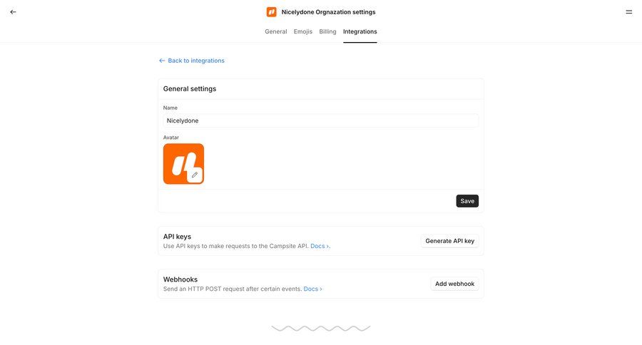 Campsite
			 configuration settings form integration setup integration management save changes integration webhook management ui page example