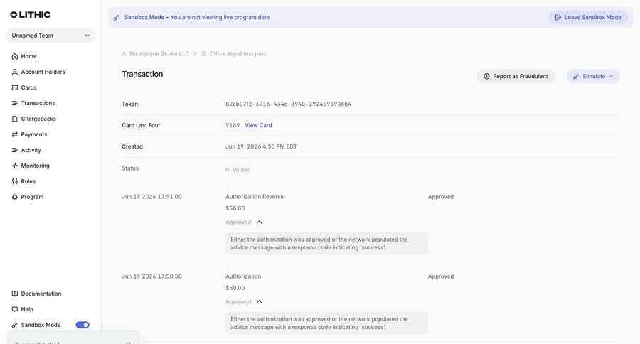 Lithic
			 payment processing audit log ui page example