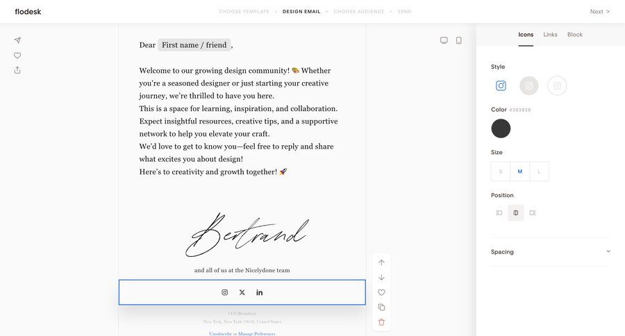 Flodesk
			 editor design customize email manage links wysiwyg ui page example
