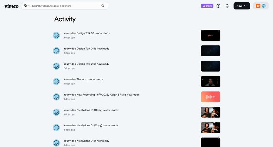 Vimeo
			 recent activity video management ui page example