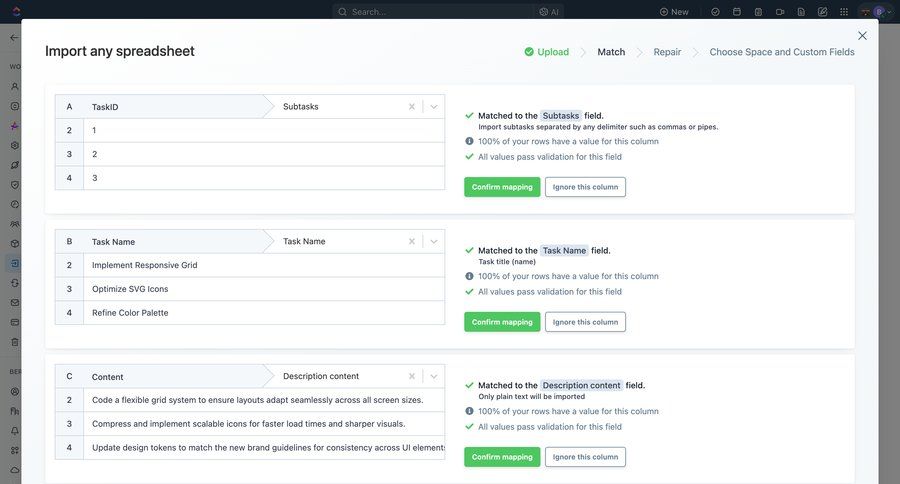 ClickUp
			 data management grid form data mapping color palette data import import tool table review importing data data grid ui page example