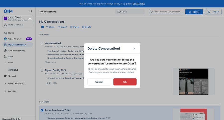Otter
			 collaboration sidebar navigation delete modal confirmation upgrade modal trial checkout cancel trial sidebar communication chat menu tips conversational ui page example