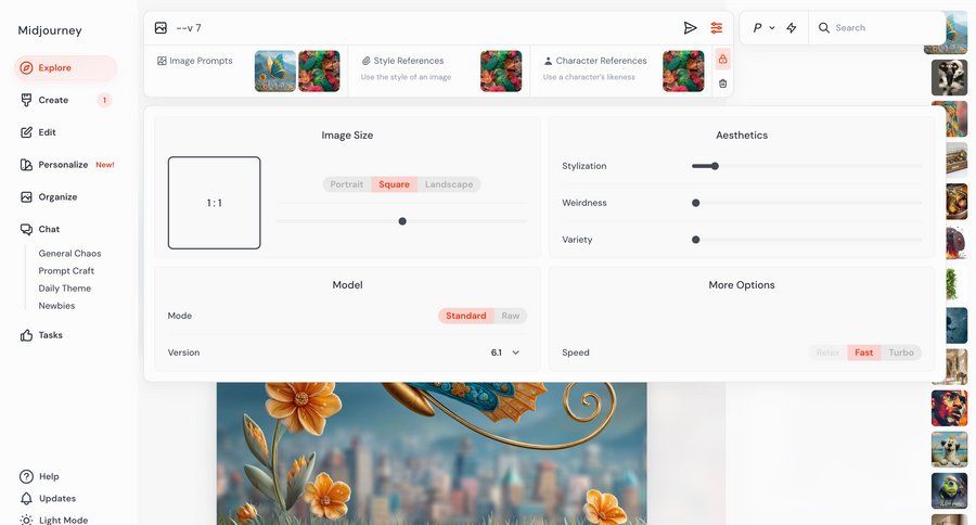 Midjourney
			 sidebar navigation artificial intelligence grid form design full-screen layout controls configuration screen ui page example