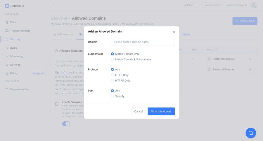 Bytescale
			 settings form security sidebar navigation configuration api management modal screen upgrade modal security configuration api security ui page example