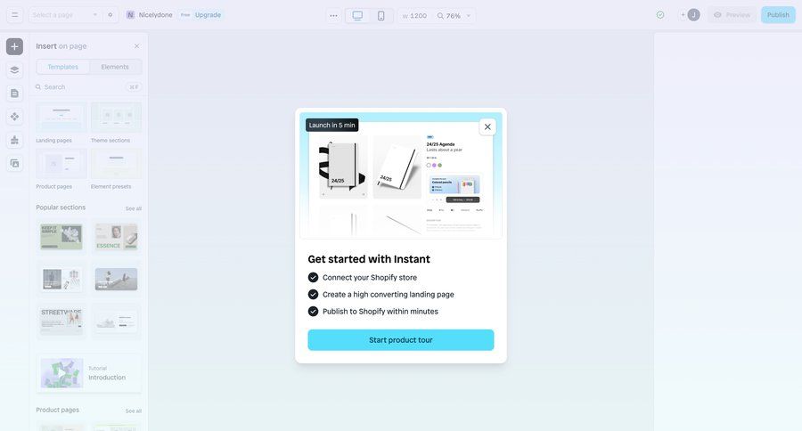 Instant
			 e-commerce grid onboarding editor template library product discovery template selection tutorial guide setup on boarding guided tour modern ui page example