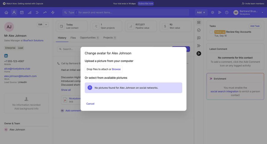 Capsule
			detail page modal & popover upload edit settings account management form file upload profile management cancel action avatar upload ui page example