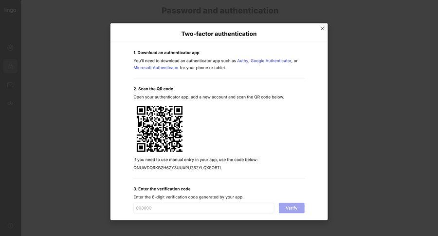Lingo
			 settings account management onboarding form account setup account security authentication instructions security ui page example