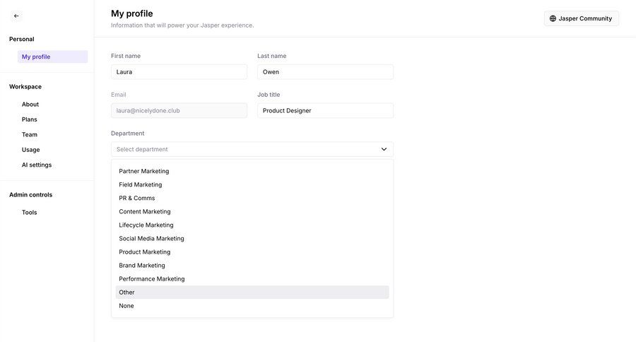 Jasper
			 settings account management grid onboarding form account setup user settings workspace settings profile settings user account sidebar user profile profile creation ui page example
