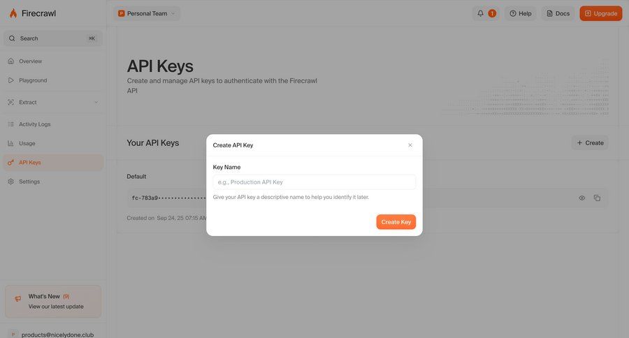 Firecrawl
			 settings form api management create ui page example