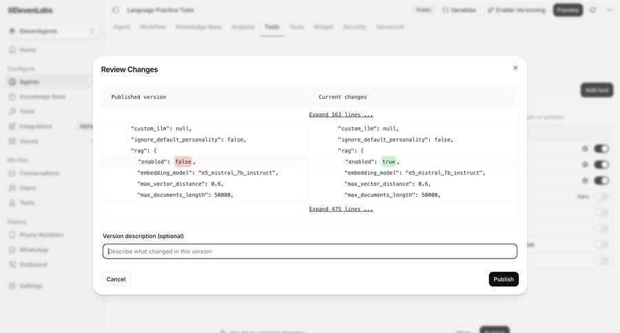 Elevenlabs
			 configuration form confirmation confirmation screen version control ui page example
