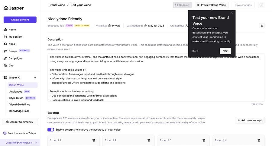 Jasper
			settings content editor product tour content management settings sidebar navigation artificial intelligence onboarding form full-screen layout sidebar ui page example