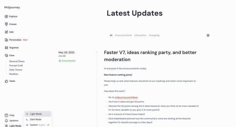Midjourney
			 sidebar navigation artificial intelligence onboarding menu newsfeed announcement documentation ui page example