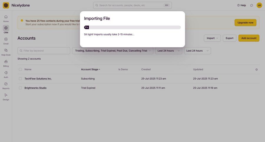 Outseta
			 account management onboarding data export export progress indicator import data data filtering sidebar alert data import progress bar table ui page example