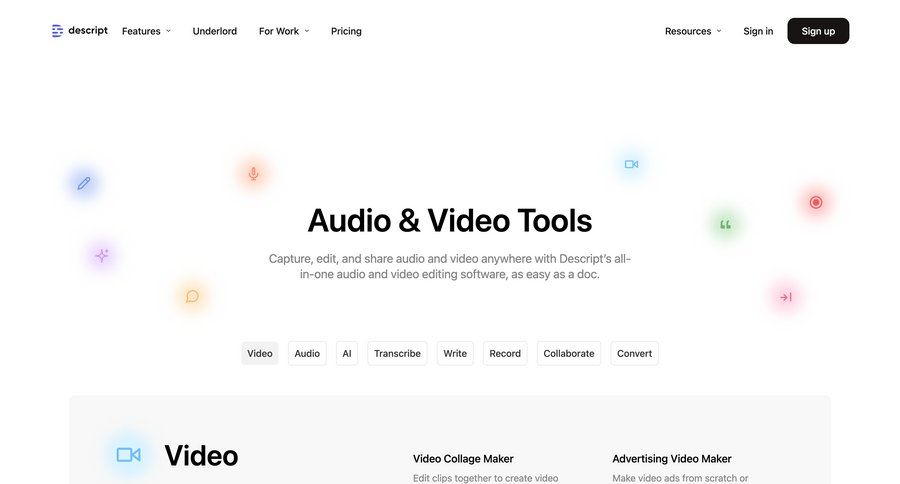 Descript
			list navigation product page video editor bulk edit bulk upload navigation menu navigation bar menu navigation links navigation buttons media assets real-time editing affiliate program rich text transcript ui page example