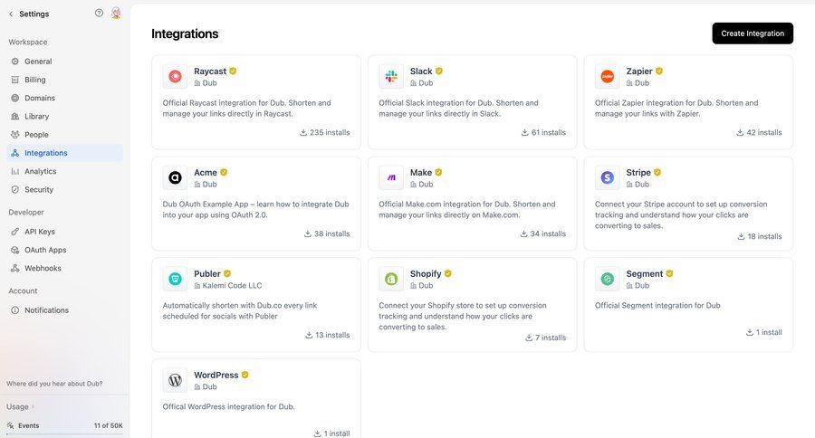 Dub
			 settings grid integration setup integration management manage links sidebar integration modern card layout ui page example