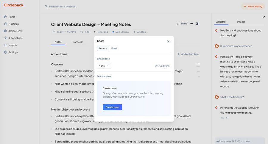 Circleback
			 collaboration access control sidebar sharing ui page example