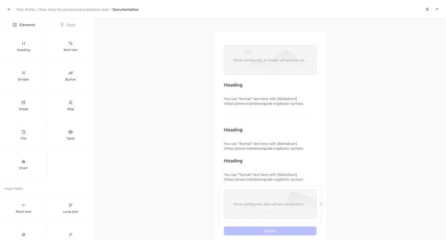Tines
			 content management editor drag and drop content blocks wysiwyg sidebar create doc documentation markdown editor rich text ui page example
