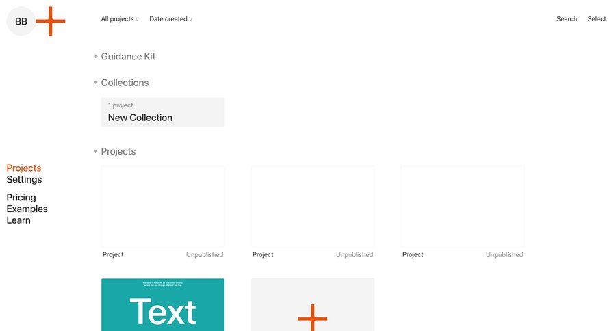 Readymag
			 content management dashboard sidebar navigation project management grid hierarchical content expandable sections project organization project creation dropdown filters menu folder project dashboard ui page example