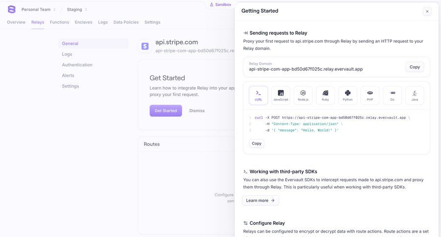 Evervault
			 modal screen configuration settings onboarding getting started parameters documentation version control configuration screen code snippet ui page example